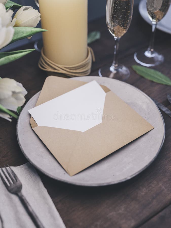 Envelope with an Elegant Wedding Invitation. Place Card Mockup. Stock