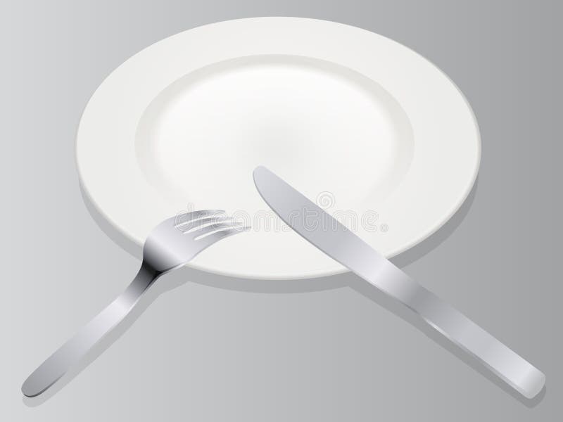Place setting 3D vector illustration realistic empty plate with knife and fork isolated on gray background in isometric view on se vector illustration Place setting 3D vector illustration realistic empty plate with knife and fork isolated on gray background in isometric view on se vector illustration