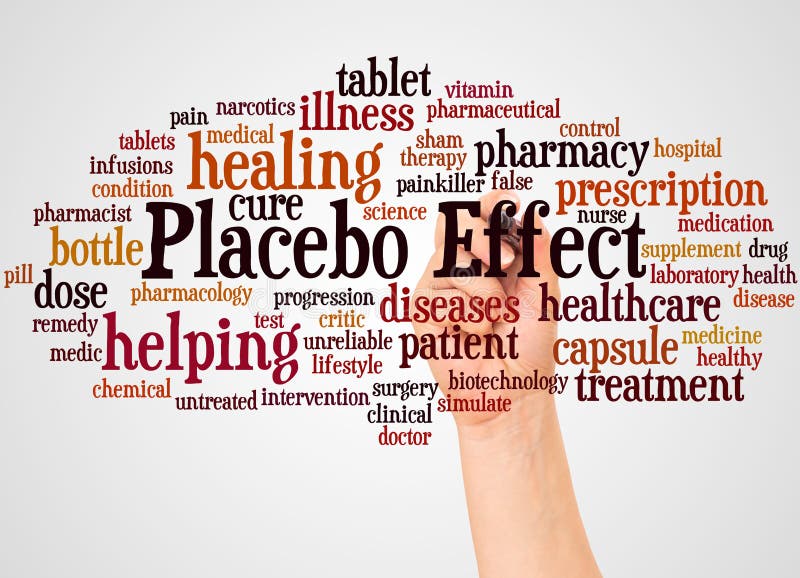 Placeboeffect woordwolk en hand met tellersconcept