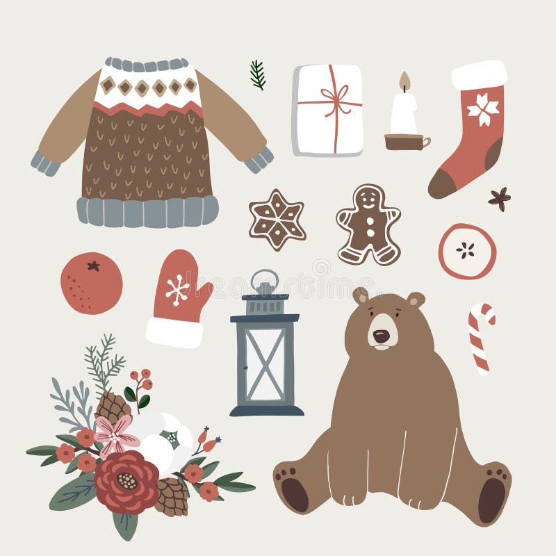 Placez de l'animal mignon de Noël, du mode de vie et des icônes de nourriture Ours, chandail tricoté, glowes, chaussettes de Sant illustration de vecteur Placez de l'animal mignon de Noël, du mode de vie et des icônes de nourriture Ours, chandail tricoté, glowes, chaussettes de Sant illustration de vecteur
