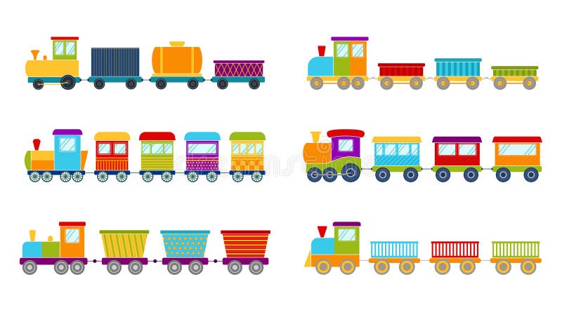 Set of bright toy trains on white background, vector illustration. Set of bright toy trains on white background, vector illustration