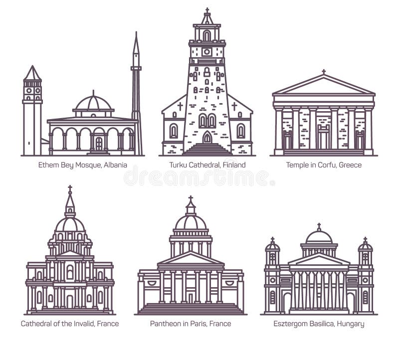 Placez de la cathédrale, église, la basilique, mosquée dans la ligne illustration de vecteur Placez de la cathédrale, église, la basilique, mosquée dans la ligne illustration de vecteur