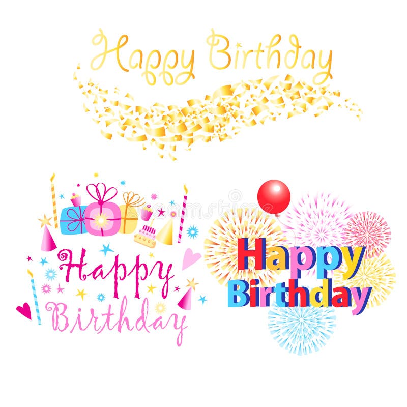 Placez de trois textes de salutation colorés de joyeux anniversaire avec des présents et des bougies illustration libre de droits Placez de trois textes de salutation colorés de joyeux anniversaire avec des présents et des bougies illustration libre de droits