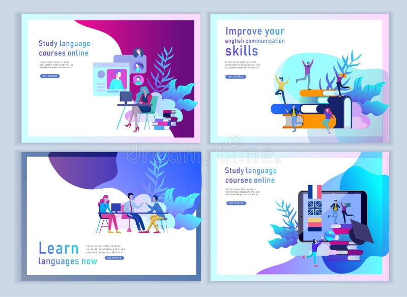 Placez des calibres de débarquement de page pour des cours de langues en ligne, formation à distance, formation Interface de conn illustration stock