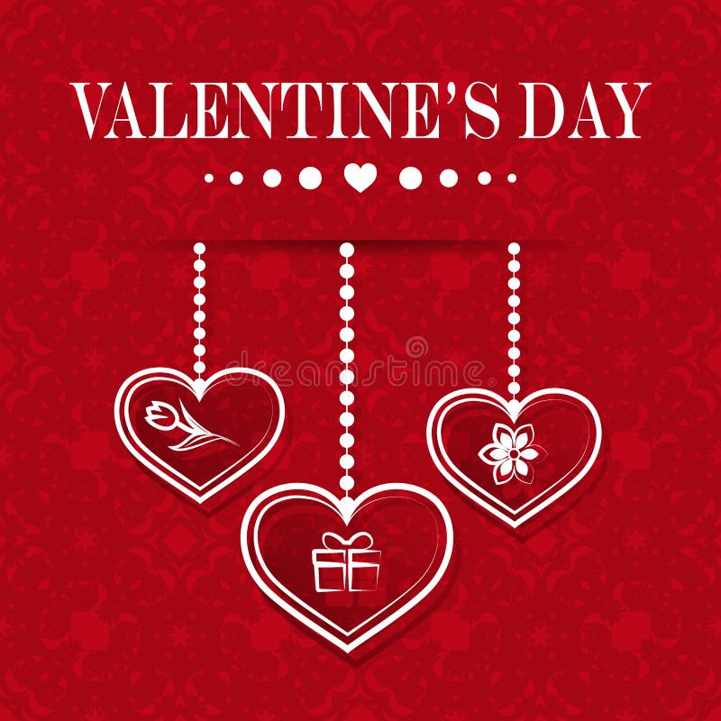 Placez des coeurs accrochants avec des symboles tels que le cadeau et les fleurs sur un fond rouge Jour heureux du `s de Valentin illustration stock Placez des coeurs accrochants avec des symboles tels que le cadeau et les fleurs sur un fond rouge Jour heureux du `s de Valentin illustration stock