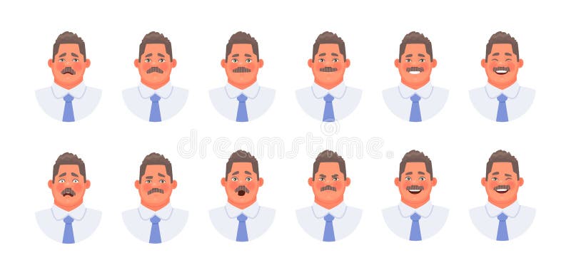 Placez des différentes émotions d'un homme d'affaires de caractère ou d'un commis de bureau Expressions du visage d'homme de mous illustration de vecteur Placez des différentes émotions d'un homme d'affaires de caractère ou d'un commis de bureau Expressions du visage d'homme de mous illustration de vecteur