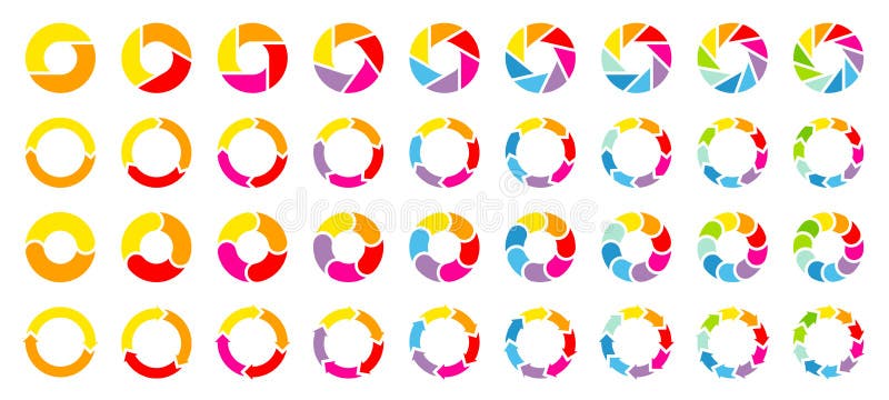 Placez des différents diagrammes en secteurs avec des couleurs d'arc-en-ciel de flèches illustration libre de droits Placez des différents diagrammes en secteurs avec des couleurs d'arc-en-ciel de flèches illustration libre de droits