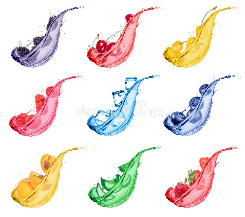 Placez des diverses baies et les fruits avec éclabousse du jus frais sur le fond blanc photo libre de droits Placez des diverses baies et les fruits avec éclabousse du jus frais sur le fond blanc photo libre de droits