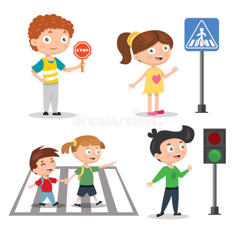 Placez des enfants enseignant la sécurité routière Le signe de feu de signalisation avec vont arrêter des indicateurs illustration de vecteur Placez des enfants enseignant la sécurité routière Le signe de feu de signalisation avec vont arrêter des indicateurs illustration de vecteur