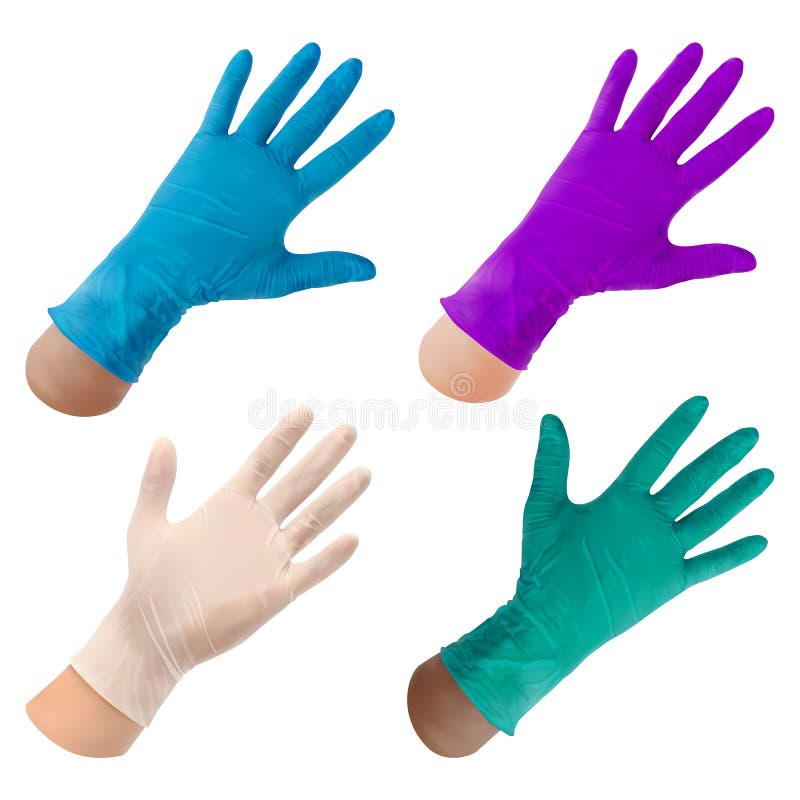 Placez des gants jetables en caoutchouc sur une main. Gants de gants et de latex nitrile de différentes couleurs sur fond blanc photo stock