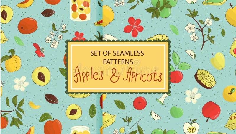 Placez des mod?les sans couture de vecteur des pommes tir?es par la main mignonnes, abricots, tarte, fleurs, pot de confiture illustration libre de droits Placez des mod?les sans couture de vecteur des pommes tir?es par la main mignonnes, abricots, tarte, fleurs, pot de confiture illustration libre de droits