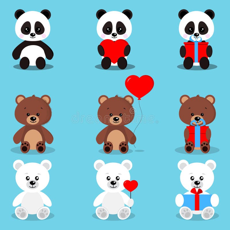 Placez des ours mignons d'isolement de vacances dans la pose se reposante avec des cadeaux et des coeurs : ours brun, ours blanc, illustration stock Placez des ours mignons d'isolement de vacances dans la pose se reposante avec des cadeaux et des coeurs : ours brun, ours blanc, illustration stock