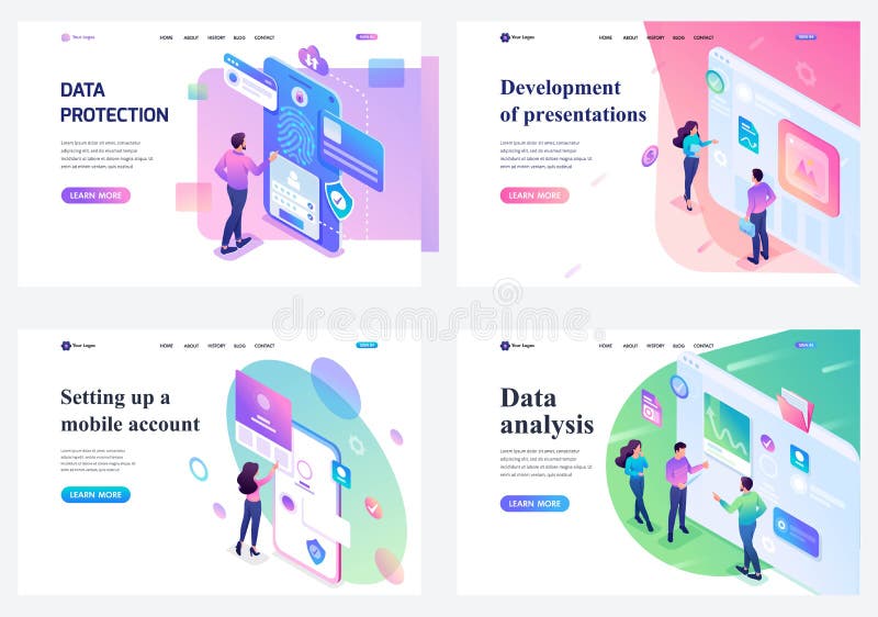 Placez des pages de débarquement isométriques, jeunes adolescents travaillant à un comprimé et sur un écran de téléphone portable illustration libre de droits