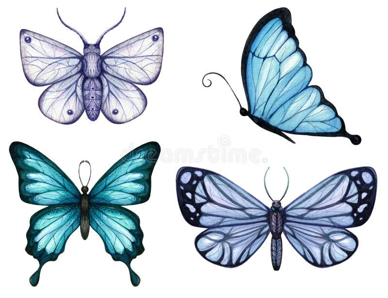 Placez des papillons d'aquarelle et des mites des tons bleus illustration de vecteur Placez des papillons d'aquarelle et des mites des tons bleus illustration de vecteur