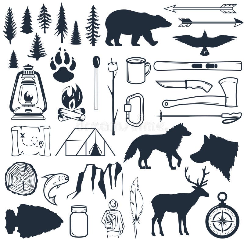 Placez des silhouettes de région sauvage Éléments tirés par la main de camping et de hausse Collection pour la colonie de vac illustration stock Placez des silhouettes de région sauvage Éléments tirés par la main de camping et de hausse Collection pour la colonie de vac illustration stock