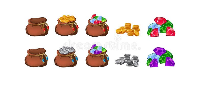 Placez des vieux sacs, bourses, vide et plein de l'or, pi?ces de monnaie, brillants, tr?sors illustration de vecteur Placez des vieux sacs, bourses, vide et plein de l'or, pi?ces de monnaie, brillants, tr?sors illustration de vecteur