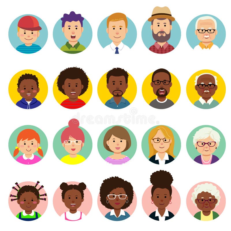 Placez des visages humains, avatars, les gens dirigent la différents nationalité et âges dans le style plat illustration libre de droits Placez des visages humains, avatars, les gens dirigent la différents nationalité et âges dans le style plat illustration libre de droits
