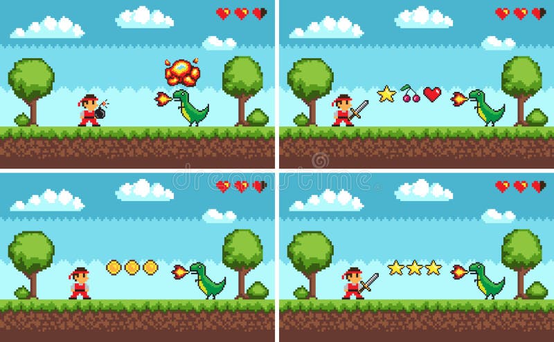 Placez des écrans du vecteur coloré de niveau de jeu de pixel illustration libre de droits Placez des écrans du vecteur coloré de niveau de jeu de pixel illustration libre de droits