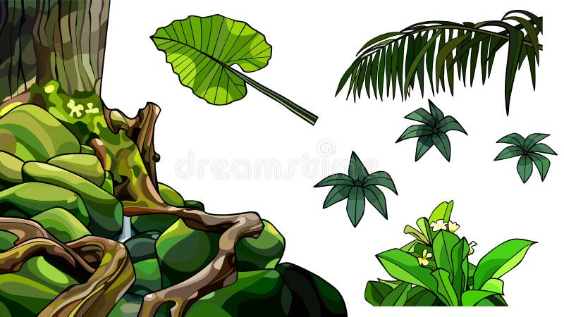 Placez des éléments des usines de bande dessinée des feuilles des racines illustration stock Placez des éléments des usines de bande dessinée des feuilles des racines illustration stock