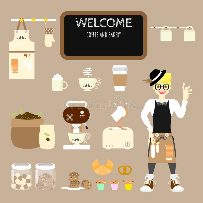 placez du café de café et du tablier de port de barman avec la boulangerie douce, gâteau, petit pain, biscuit, café, croissant, p illustration stock placez du café de café et du tablier de port de barman avec la boulangerie douce, gâteau, petit pain, biscuit, café, croissant, p illustration stock