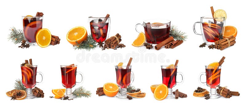 Placez du vin chaud traditionnel de Noël dans différents verres image stock Placez du vin chaud traditionnel de Noël dans différents verres image stock