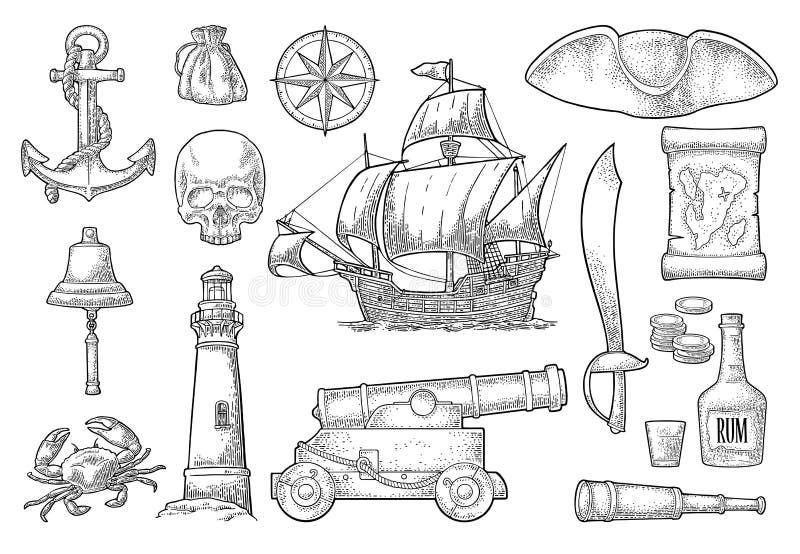 Placez l'aventure de pirate Gravure de vintage de couleur de vecteur illustration libre de droits Placez l'aventure de pirate Gravure de vintage de couleur de vecteur illustration libre de droits