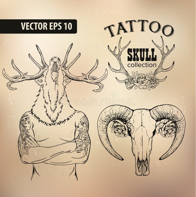 Placez l'homme tatoué avec une tête de cerfs communs illustration libre de droits Placez l'homme tatoué avec une tête de cerfs communs illustration libre de droits
