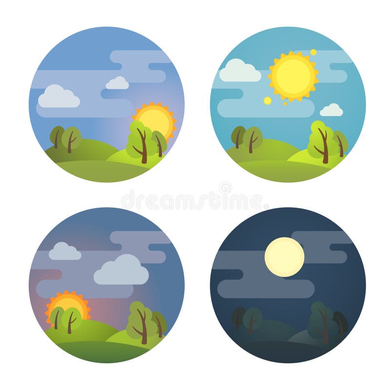 Placez le cycle quatre fois des icônes de jour : Nuit le soir du jour du matin. Illustration actuelle de vecteur.