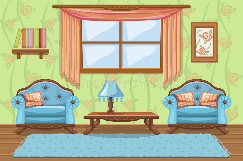 Placez les meubles amortis par bande dessinée, salon illustration de vecteur Placez les meubles amortis par bande dessinée, salon illustration de vecteur