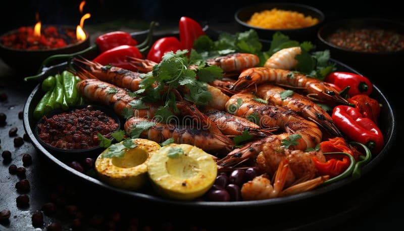 Placă de fructe de mare la grătar, hrană sănătoasă, hrană proaspătă, crevete fiert, generată de ai stock illustration