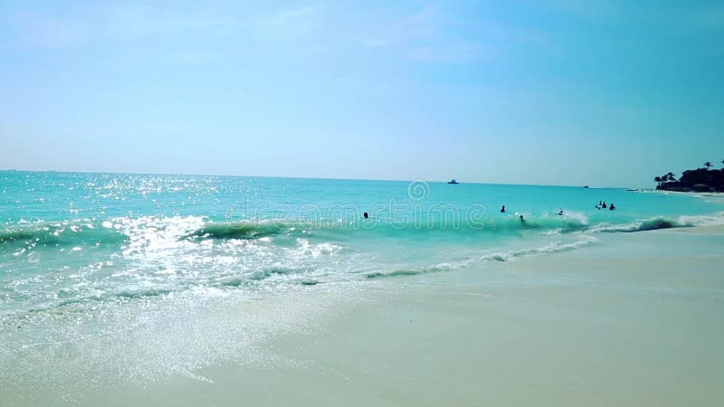 Plage blanche de sable de beauté étonnante d'île d'Aruba Eau de mer de turquoise et ciel bleu