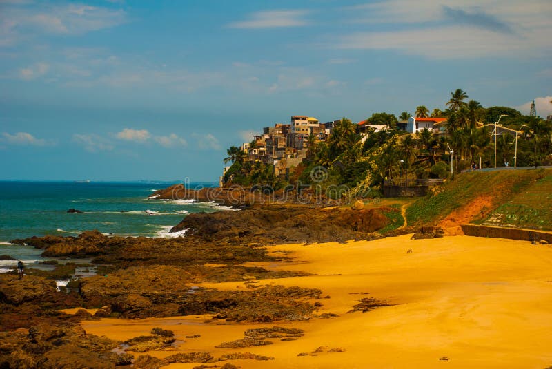 Plage br?silienne avec la mer ? sable jaune et bleue par temps ensoleill? brazil salvador beau chiffre dimensionnel illustration images libres de droits Plage br?silienne avec la mer ? sable jaune et bleue par temps ensoleill? brazil salvador beau chiffre dimensionnel illustration images libres de droits