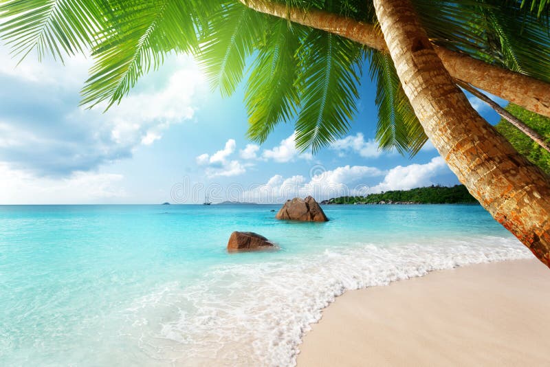 Plage d'Anse Latium sur l'île de Praslin, Seychelles image libre de droits Plage d'Anse Latium sur l'île de Praslin, Seychelles image libre de droits