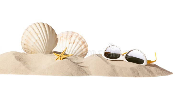 Shell and sunglasses on beach, isolated on a white background,with a lot of copy-space. Shell and sunglasses on beach, isolated on a white background,with a lot of copy-space