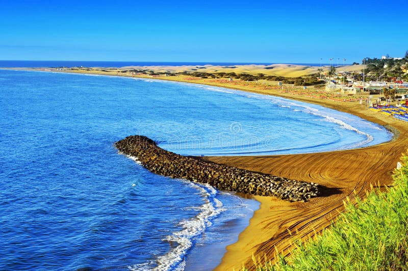 Plage De Playa Del Ingles Et Dunes De Maspalomas Mamie Canaria Espagne Image Stock Image Du