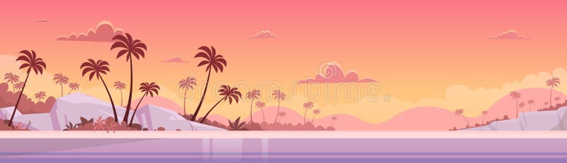 Plage de sable de bord de mer de coucher du soleil de vacances d'été illustration de vecteur Plage de sable de bord de mer de coucher du soleil de vacances d'été illustration de vecteur