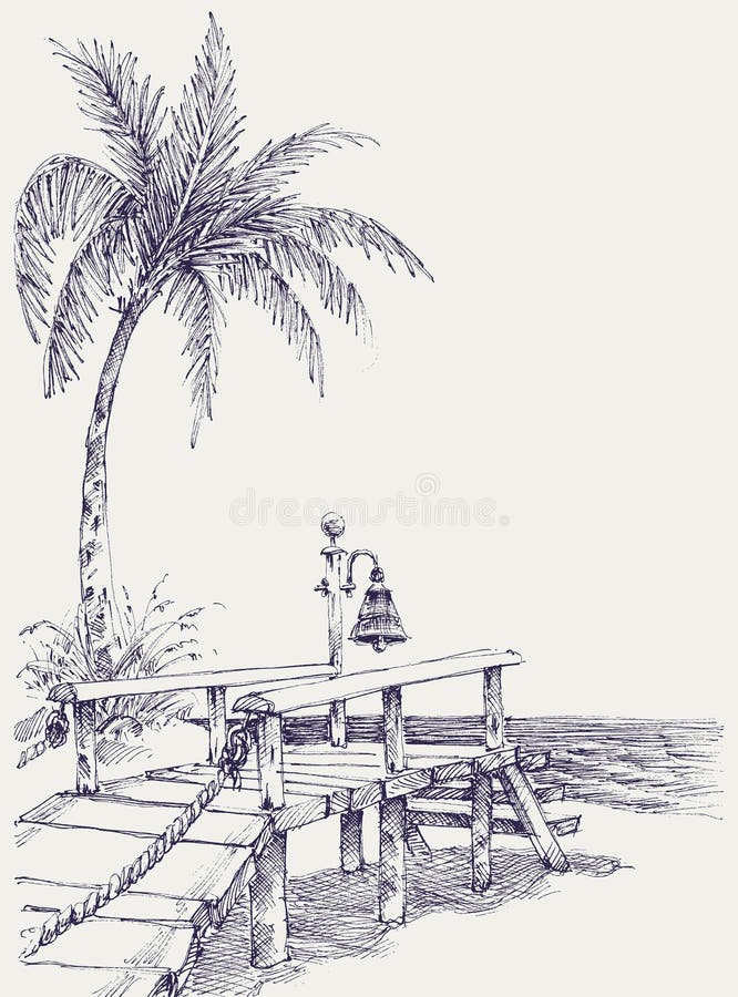 Plage pont en bois chemin vers la mer illustration de vecteur