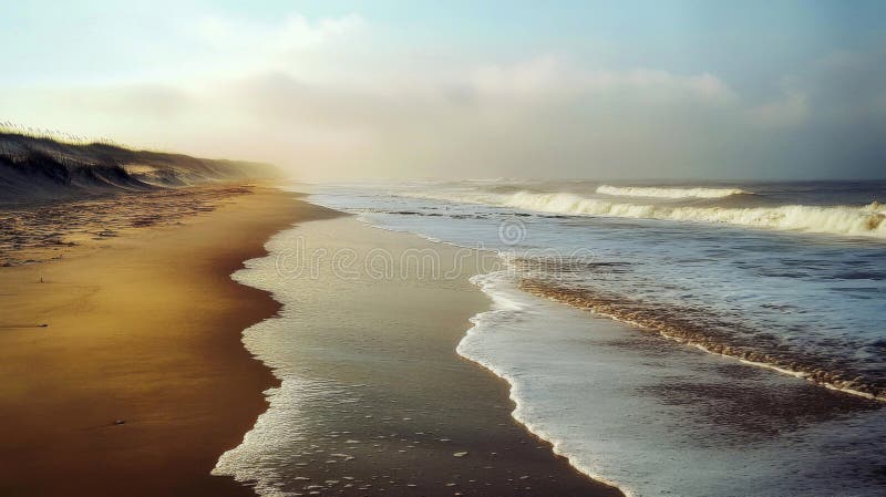 Plage Sunrise paisible avec sable doré et vagues douces illustration stock