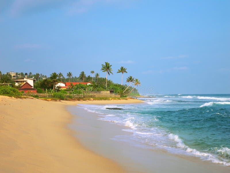 Plage tropicale arénacée vide avec des bâtiments de station de vacances, Kamburugamuwa, Sri Lanka images stock Plage tropicale arénacée vide avec des bâtiments de station de vacances, Kamburugamuwa, Sri Lanka images stock
