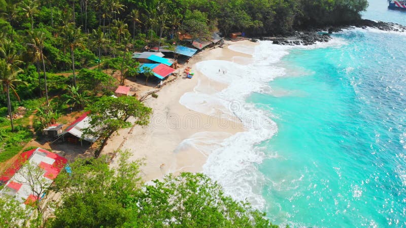 Plage tropicale avec des paumes, océan de turquoise et vagues, vue aérienne d'île de paradis banque de vidéos