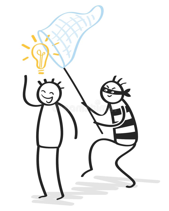 Plagiarism, copycat, idea rip-off, malicious looking stick figure thief stealing idea, light bulb