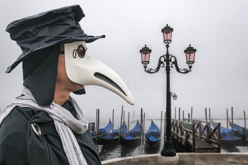 Plague Doctor Against Gondolas during Foggy Day in Venice, Italy, Epidemic Symbol Stock Photo - Image of boats: