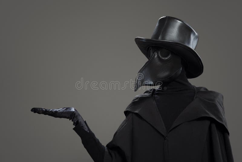 The plague doctor points to gray background