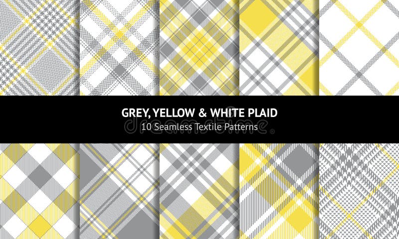 Plaid pattern set. Grey, yellow, white flannel checks. Seamless spring summer tartan. Glen, tweed, gingham, vichy, buffalo check.