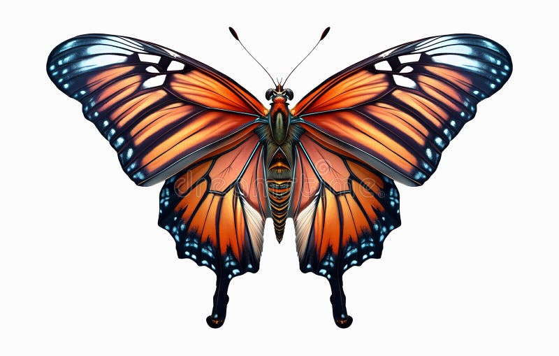 Plain tiger butterfly spreads its wings on white background, AI generative royalty free illustration