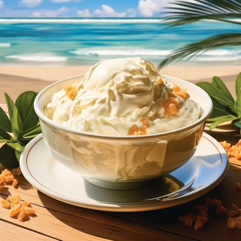 Plain white Ice cream in a dessert glass on the background of a blue sea. Beautiful composition of ice cream on a sunny summer day vector illustration