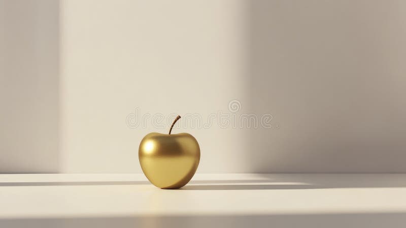A plain white room with a single oversized golden apple in the center, clean shadows, abstract minimalism