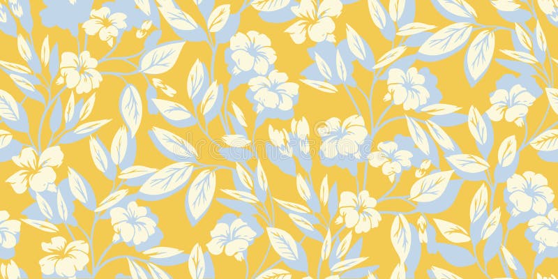 Plain yellow seamless pattern with abstract artistic wild floral stems. Silhouettes of blooming branches tiny flowers buds royalty free illustration