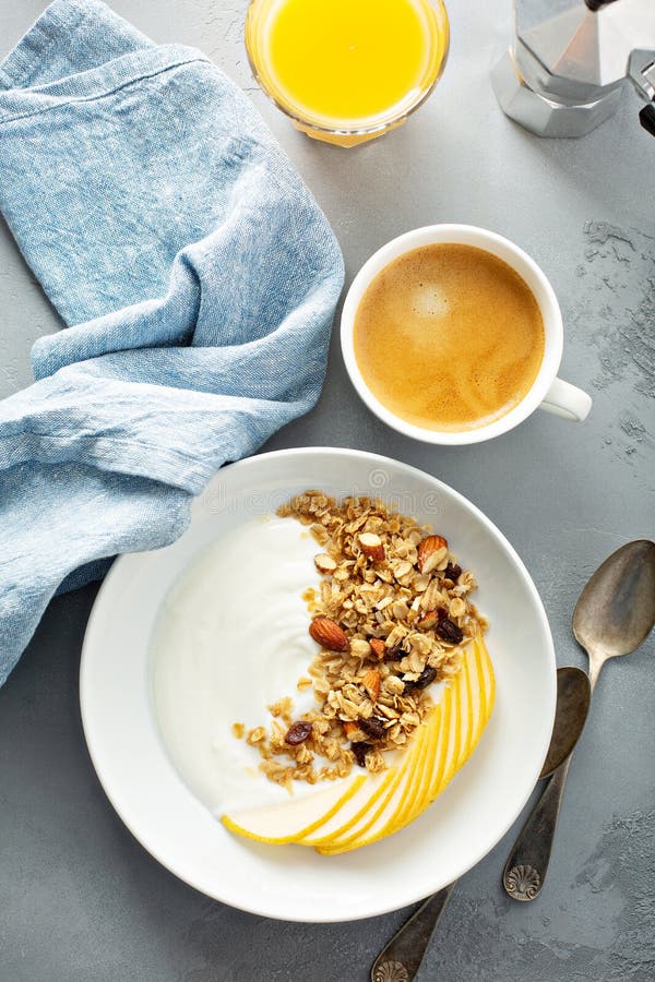 Plain Yogurt with Granola and Pear Stock Photo Image of milk, meal