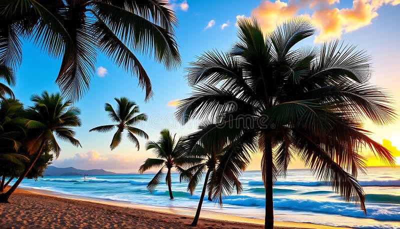 Plajă tropicală cu palmieri și insula paradisului oceanic Stock Photo Generative AI stock illustration